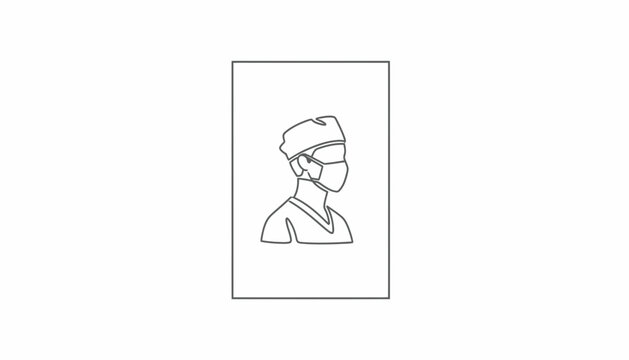Minimalist line art illustration of a healthcare worker wearing protective gear during a pandemic,