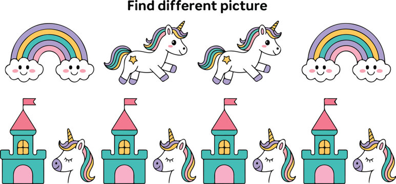 Find the different unicorn element worksheet for kids, visual puzzle game, educational activity page with cute cartoon unicorns