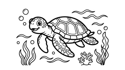 Turtle swimming underwater with seaweed. © Suro