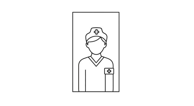 Minimalist black outline drawing depicting a healthcare professional, possibly a nurse, wearing