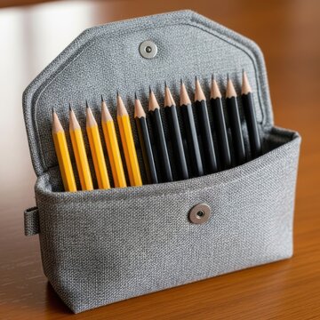 Organized pencil case filled with sharpened and unsharpened pencils on a wooden surface