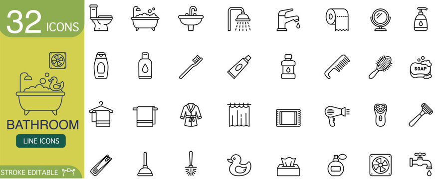 Bathroom icon line set hygiene plumbing bathtub toilet sink outline pictogram collection with shower faucet towel soap toothbrush mirror razor plunger duck tissue vector graphic