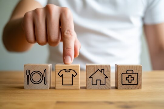 A person choosing essential life needs on wooden blocks