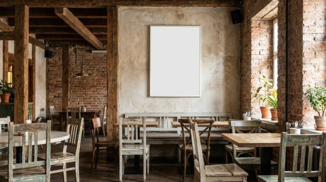 Rustic restaurant interior with tables.