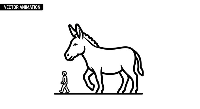 Minimalist vector animation graphic portraying a sizable equine walking alongside a tiny human