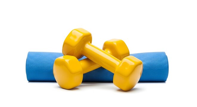 Two yellow fitness dumbbells resting on blue rolled yoga exercise mat