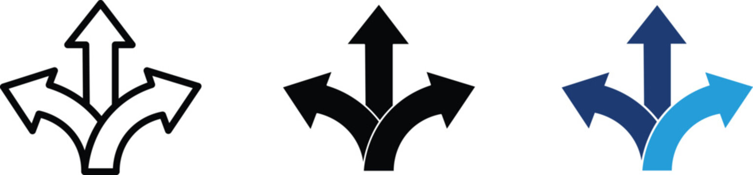 Three-way directional arrow icons, diverging path symbols for decision making, set of 3 vector arrows for navigation and business strategy