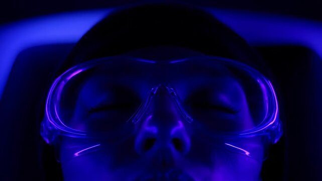 Goggles protective eyewear with neon purple light reflection on transparent lenses and face shield for safety and protection