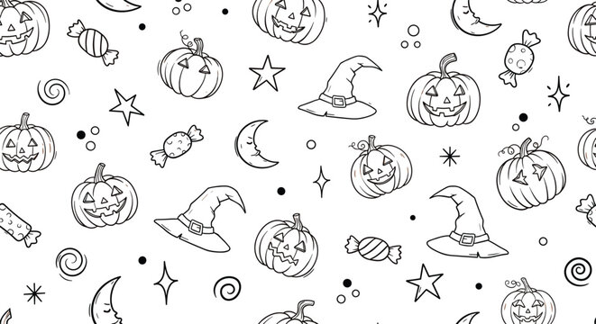 Halloween seamless pattern with pumpkins witch hats candy stars moon doodle line art vector illustration background design