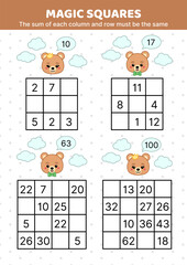 Obraz premium Bear. Magic squares. Math puzzle game. The sum of each column and row must be the same. Fill in the missing numbers. Educational attention game for kids. Isolated vector illustration eps 10