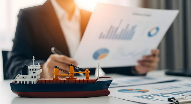 A business person reviews financial charts next to a small cargo ship model.