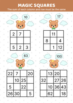 Bear. Magic squares. Math puzzle game. The sum of each column and row must be the same. Fill in the missing numbers. Educational attention game for kids. Isolated vector illustration eps 10