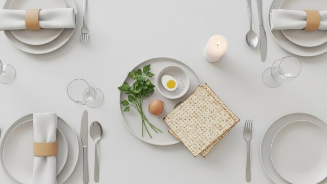Passover Seder plate with matzah, egg, parsley, and salt, set on a table with white plates, napkins, and cutlery.