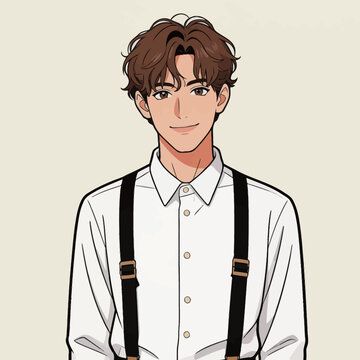 Young man stands with a friendly smile wearing a white shirt with suspenders in a simple background setting