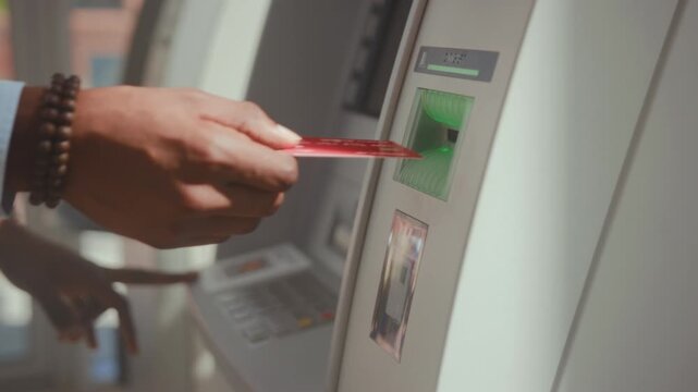 Professional ATM withdrawal, Careful banker checks and leaves, Subtle professional completes quick cash transaction