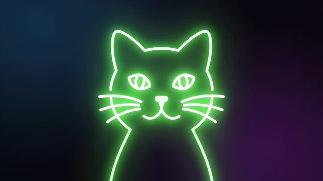 Glowing Green Cat Face Neon Art on Dark Gradient Background for Illustration