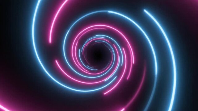 Hypnotic neon swirl with glowing pink and blue light spirals rotating counter clockwise in a seamless loop for abstract retro music background visuals at high resolution.