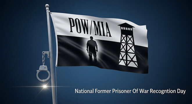 3d POW/MIA banner with a dark background and flag imagery, &ldquo;National POW/MIA Recognition Day&rdquo; text below, and a small light/glow effect at the corner.