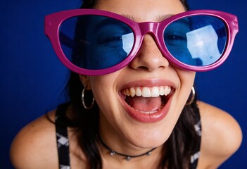Naklejka premium Young woman having fun wearing oversized sunglasses laughing