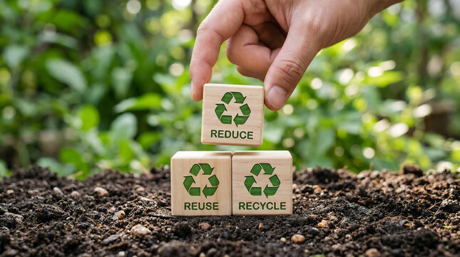 Hand placing reduce reuse recycle wooden blocks on rich dark soil with green plants in natural light