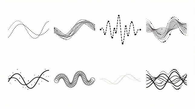 Abstract vector illustration of progressive waveforms arranged in two rows, starting with smooth sinusoidal curves and transitioning into complex modulated patterns, black lines on white background sy