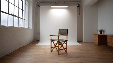 Fototapeta premium Professional studio setup with a director s chair against a seamless white backdrop and large industrial