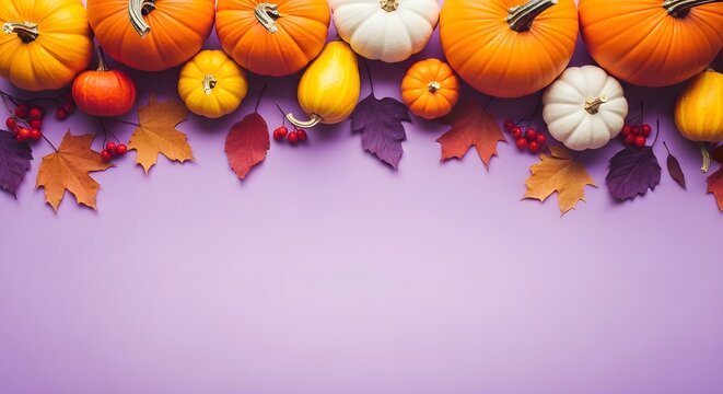 Autumn harvest pumpkins and leaves on purple background