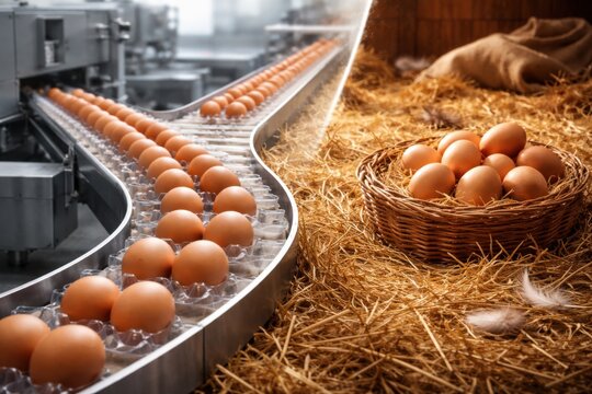 Concept image showing transition from industrial egg processing conveyor to natural farm straw nest highlighting farm to factory supply chain