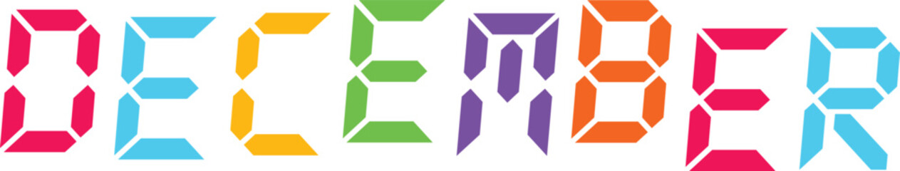 December month name in digital segment typography featuring multicolored letters on a checkerboard background art.