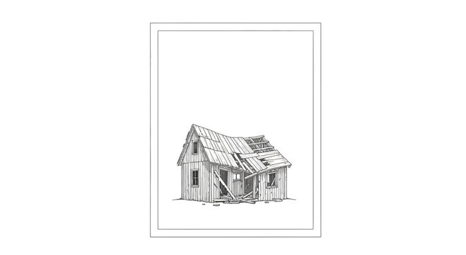 Rustic abandoned wooden shack in an illustrative line art style on a white background depicting
