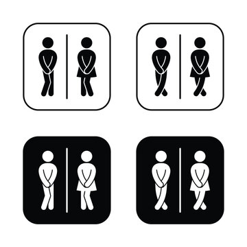 Set Funny restroom sign showing male and female figures holding legs in urgency pose. Minimal black and white collection toilet icon expressing need to use bathroom. Humorous pictogram perfect for sig
