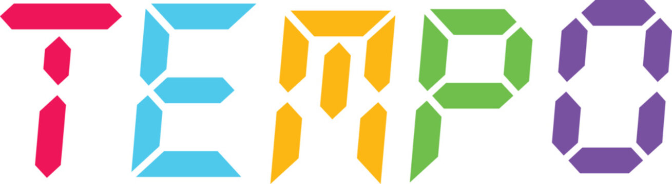 Digital display showing the word tempo in bright colorful segmented digits on a transparent background.