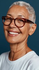 Fototapeta premium Smiling Woman with Short Hair, Glasses, and a Crew Cut Hairstyle.