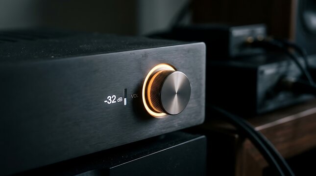 Close-Up of a Modern Hi-Fi Audio Amplifier with Volume Control Knob and Digital Display for Enhanced Sound Experience
