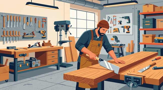 Man in a woodworking shop cutting wood with a handsaw