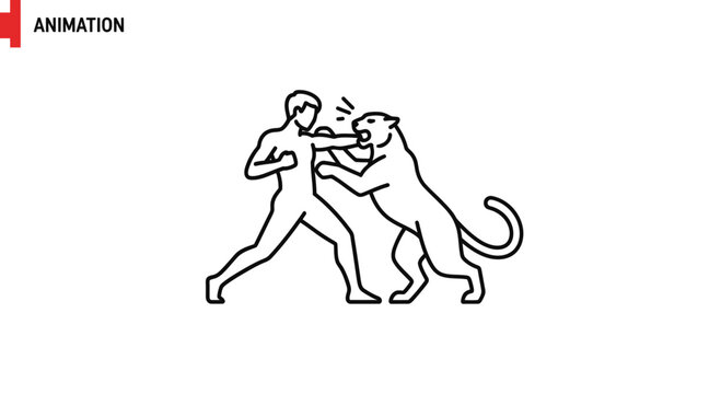 Dynamic illustration of human and powerful feline in a primal, intense confrontational struggle