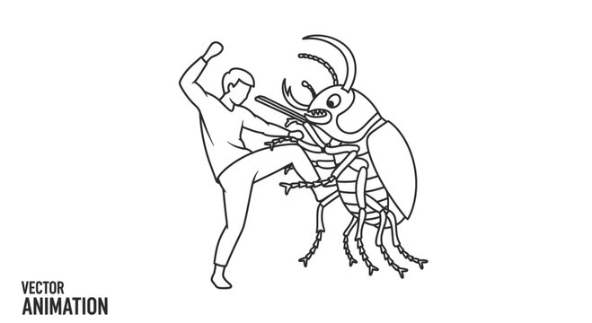 Stylized illustration of a person vigorously kicking a formidable insect pest in combat