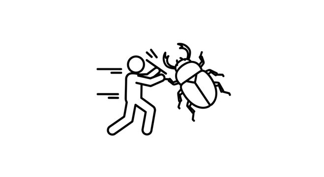 Dynamic stick figure person swiftly confronting an oversized beetle with a powerful swatting