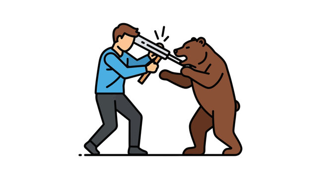 Stylized man confronting a wild bear with a rifle in a vibrant outline illustration style