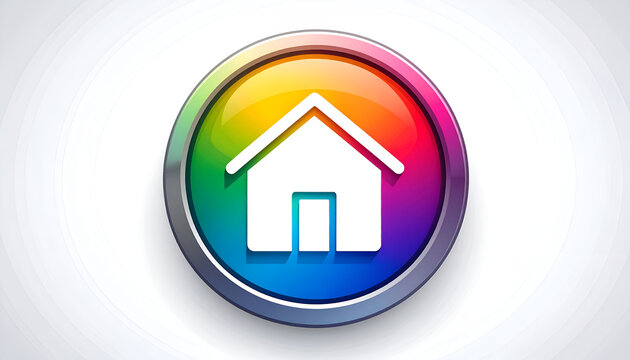 Colorful home button icon on white backdrop provides visual call to action in rainbow hues