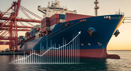 Naklejka premium A large container ship docked at a busy port, overlaid with an increasing bar graph.