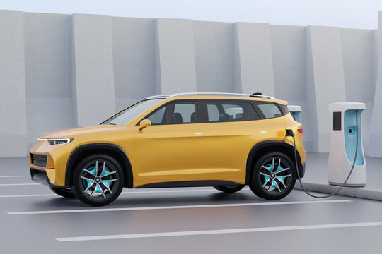 Yellow Electric SUV charging at charging station. Monolithic design background. 3D illustration.