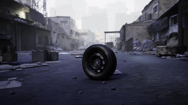 A tire rests in the center of a desolate urban street, surrounded by scattered trash and dilapidated buildings. The atmosphere is muted, suggesting neglect and decay.