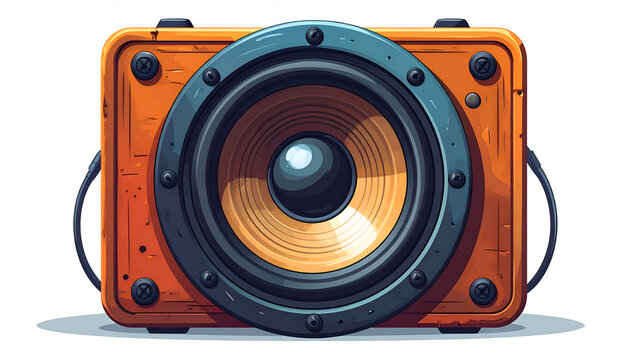 Orange retro speaker illustration with bold black outline and dynamic lighting effect