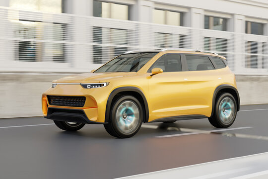 Yellow Electric SUV driving on the highway. 3D rendering image.