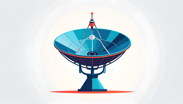 Satellite dish illustration in blue and orange; technology design signal receiver