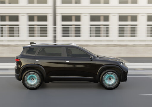 Side view of black Electric SUV driving on the highway. 3D rendering image.