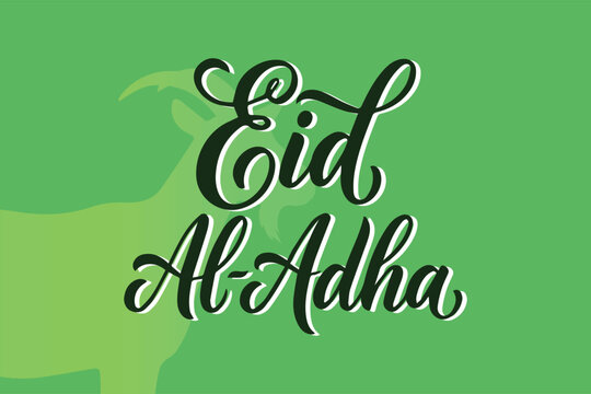Eid al-adha text with goat silhouette in green background