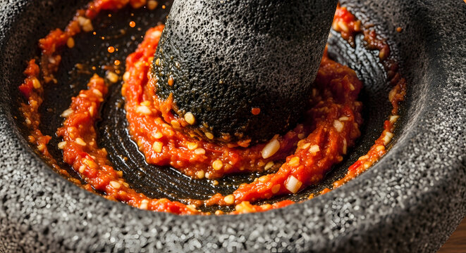Fresh Homemade Chili Paste in Stone Mortar