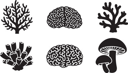 Organic Shapes Icon Set: Human Brain, Coral Reef, and Mushroom Silhouette Vectors © Vector 4 You
